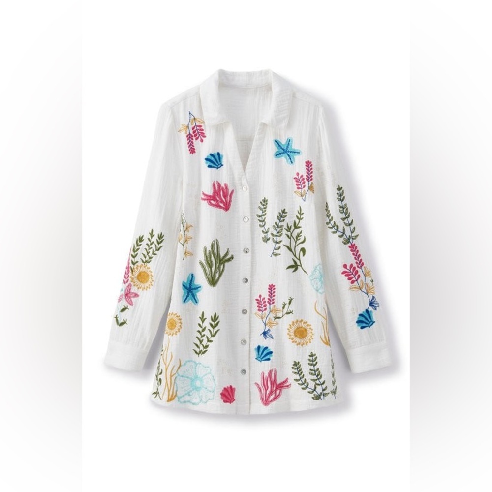 Soft Surroundings Escambia Gauze Tunic Shirt Embroidered Sea Life beach XL - Picture 2 of 9
